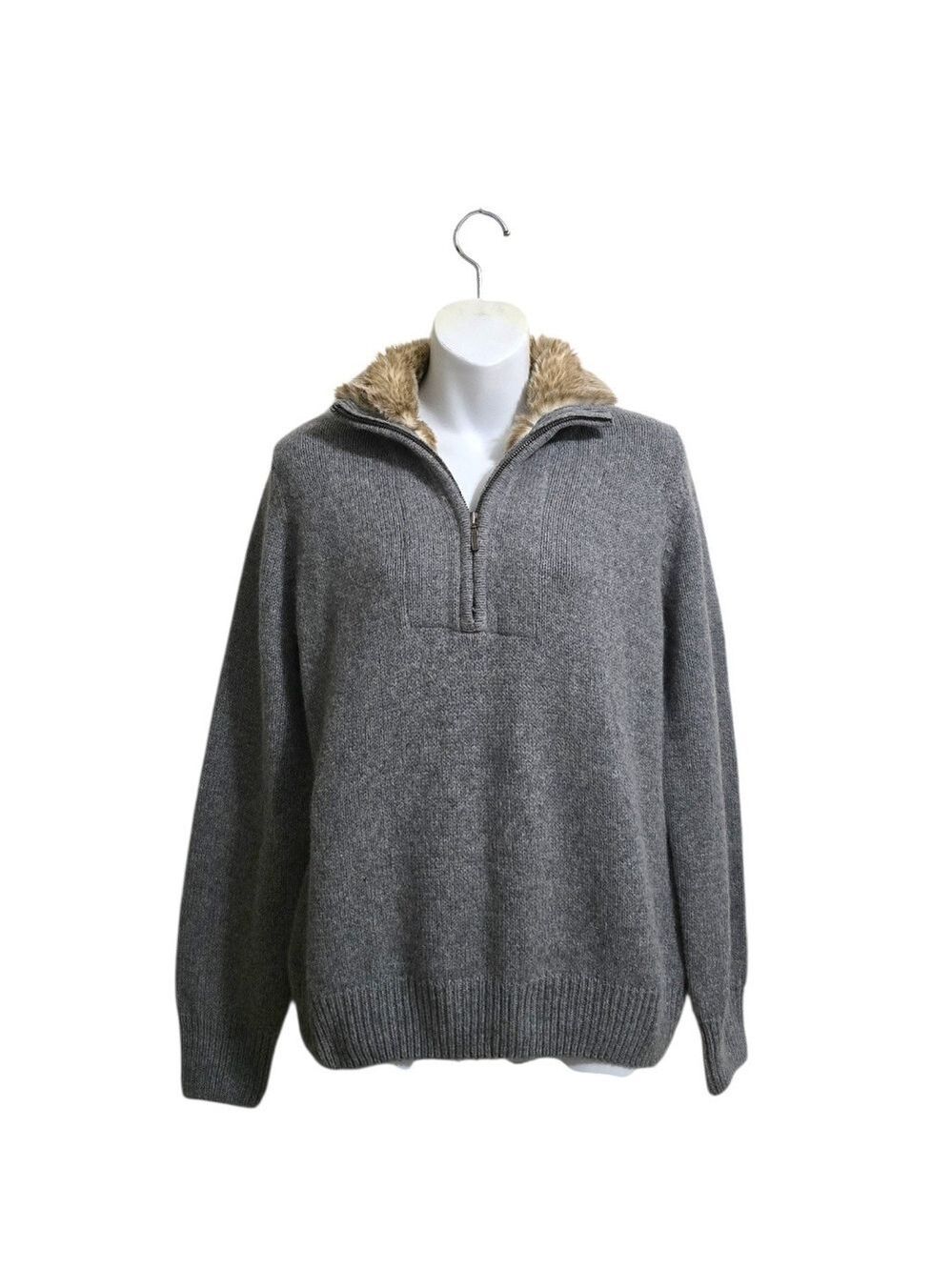 Eddie Bauer Gray Angora Blend Faux Fur Collar Quarter Zip Sweater Sz LP
